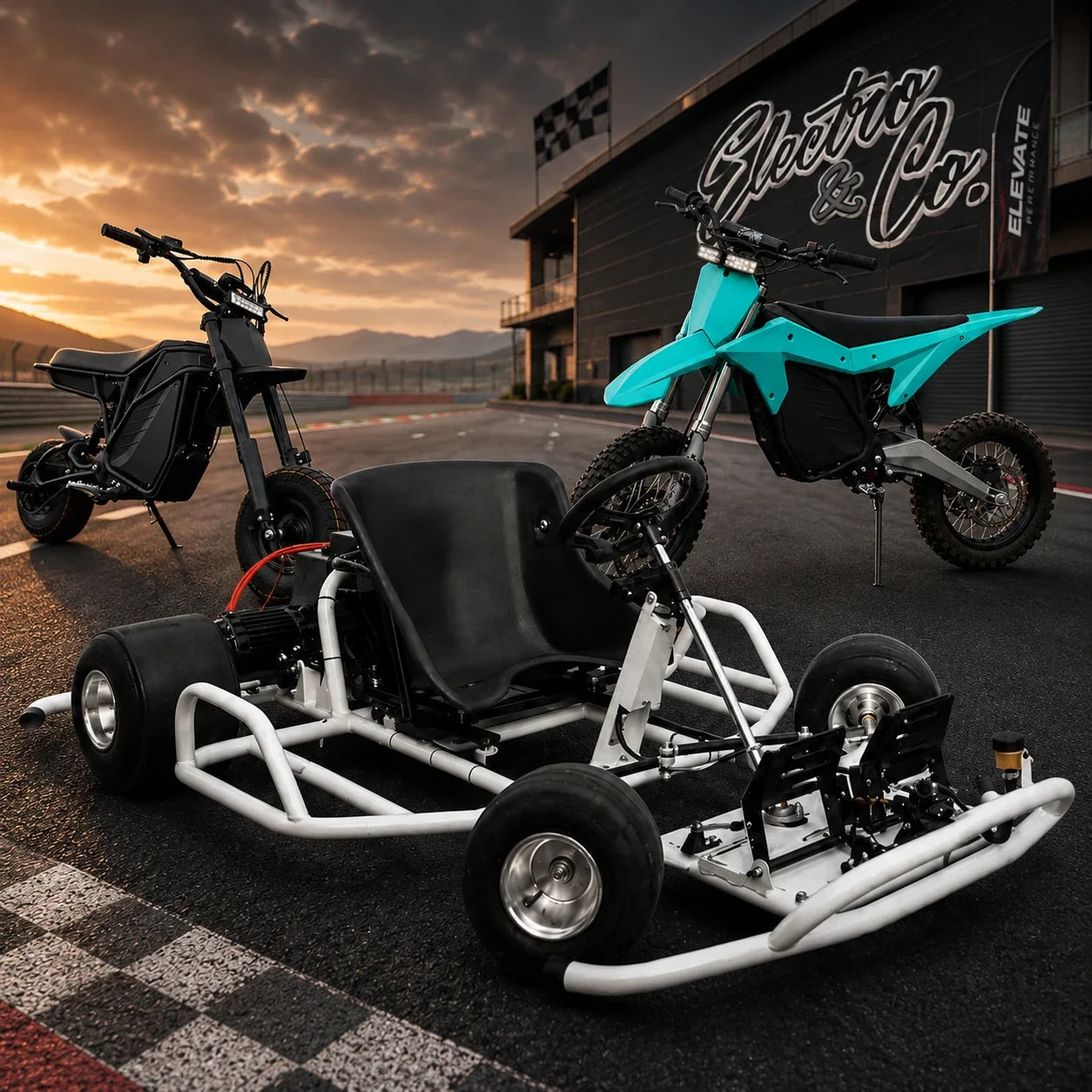 White Electric dirt bike with black black background with light under glow