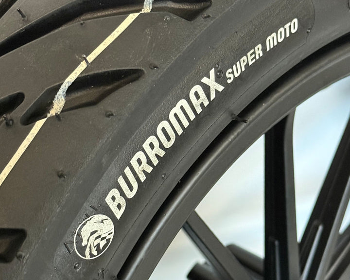 Wheel Assembly, 12" Rear with Supermoto 100/90-12 Tire, 12x2.5 Radial 12 Spoke Wheel, Black (Part #10081) Fits XRA,HRH, HRS with 80mm Extended Swing Arms