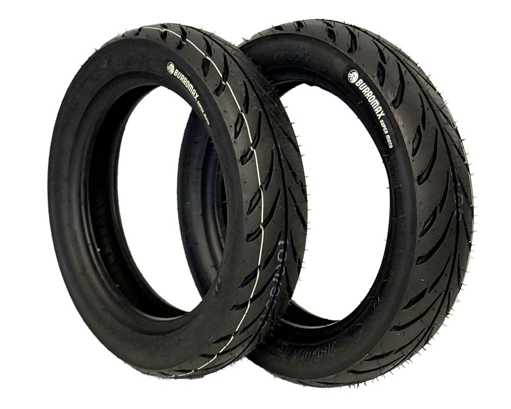 Wheel Assembly, 12" Front And Rear, Supermoto 100/90-12 Tire, 12x2.5 Radial 12 Spoke Wheel, Silver, Set of 2 (Part #10087) Fits XRA, HRH, HRS with 80mm Extended Swing Arms