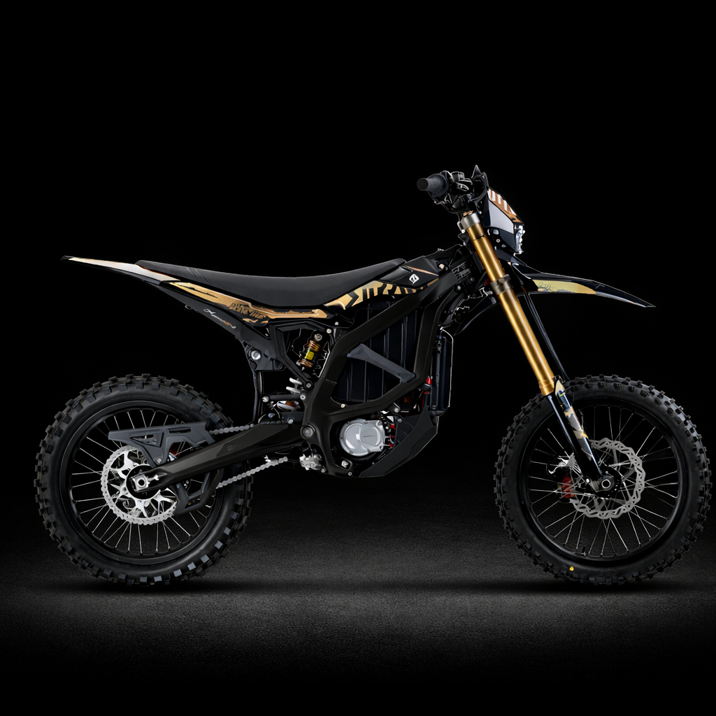 Black and gold dirt bike on a black background