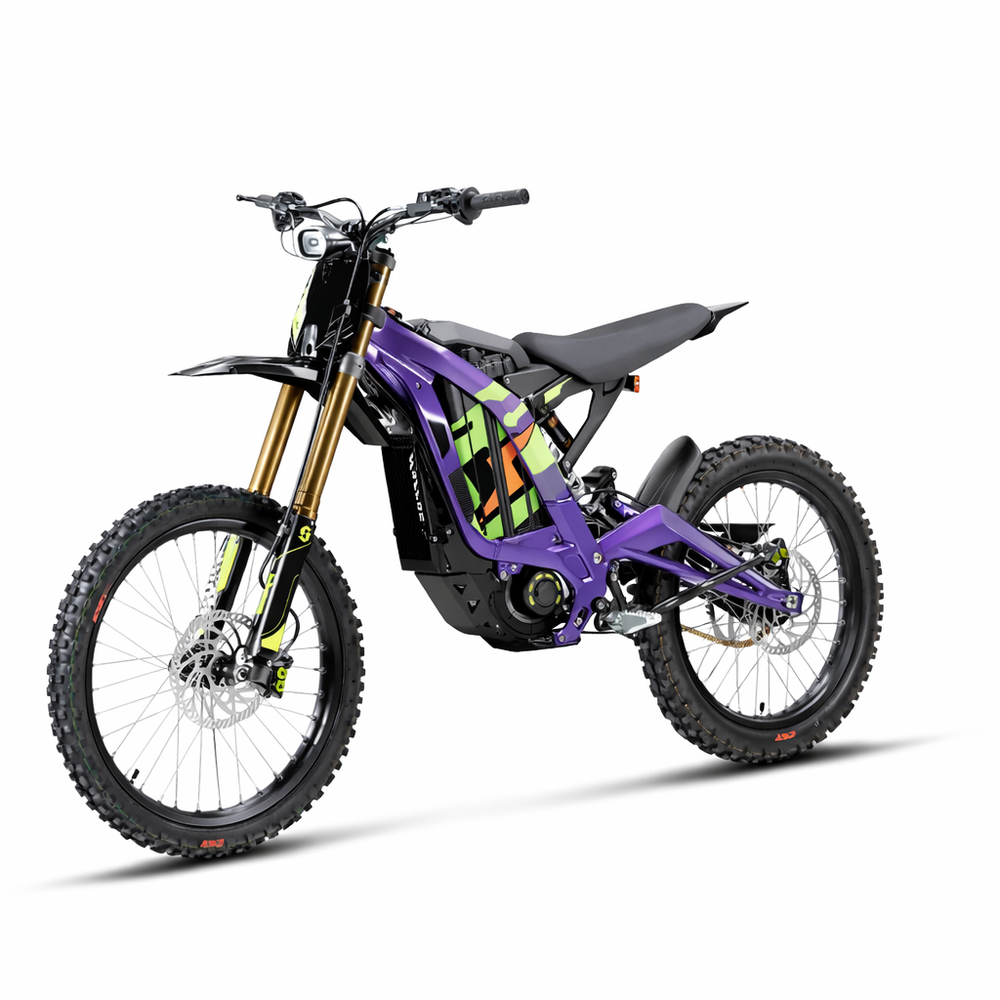 Purple electric bike with black and yellow accents on a white background