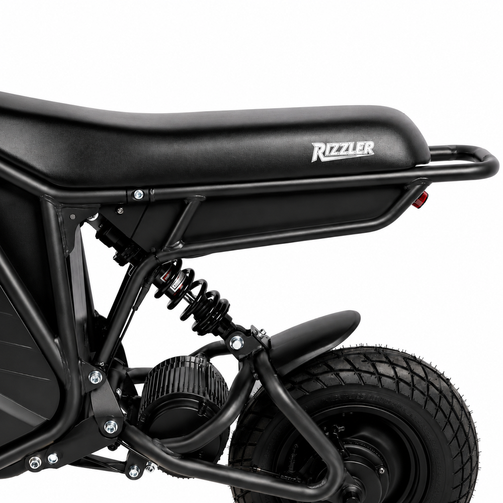 Black motorcycle with 'Rizzler' branding on a white background