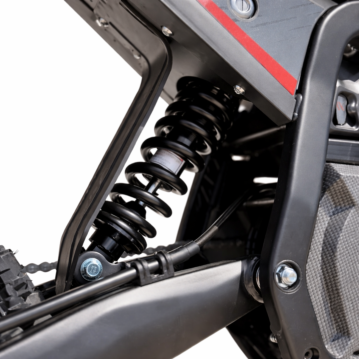 Close-up of a motorcycle suspension system on a white background