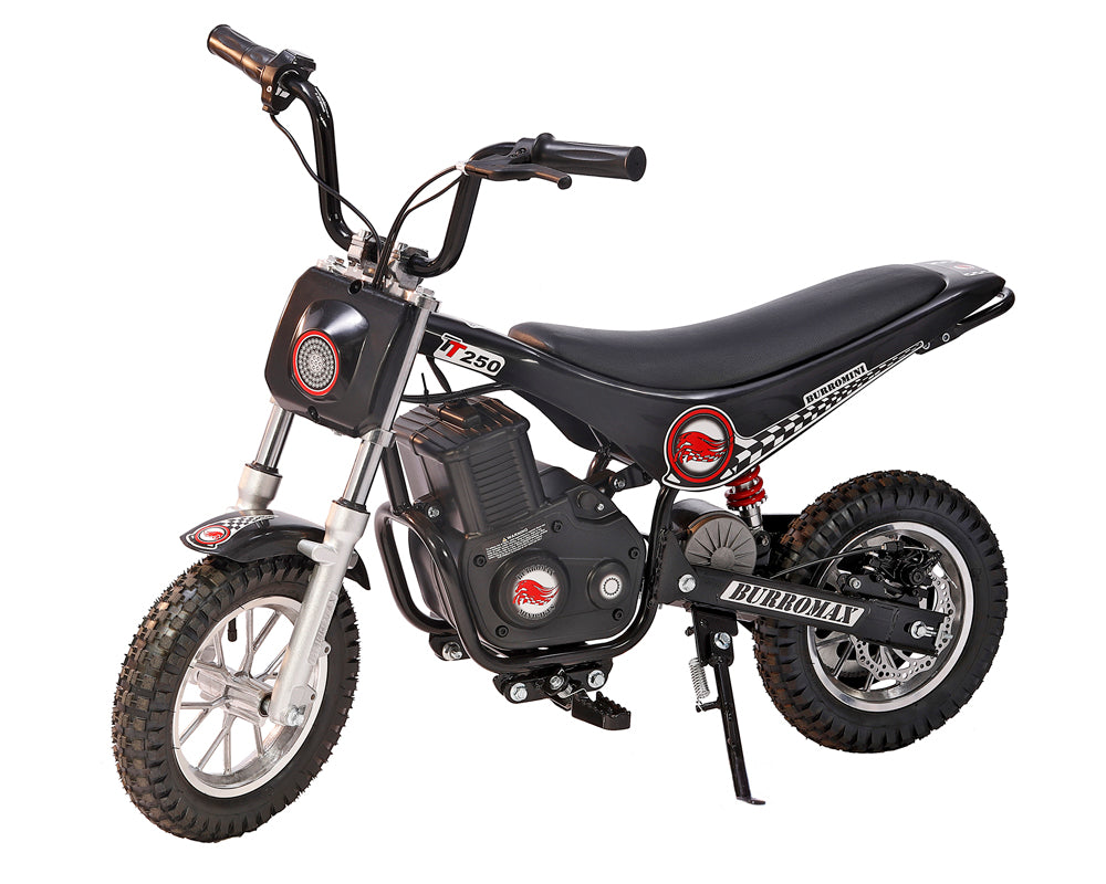 Black mini dirt bike with visible branding on a white background