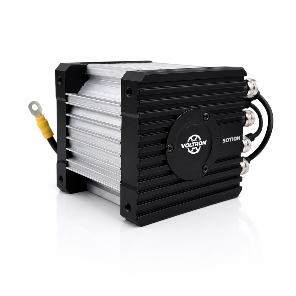 A black and silver Voltron Sotion electric motor controller on a clean white background, featuring a ribbed aluminum heatsink, a circular black brand badge, and various terminal connections.