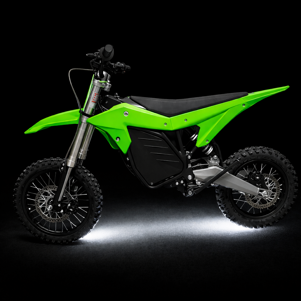Green dirt bike on a black background