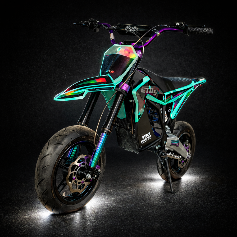 Colorful electric bike with neon lights on a dark background