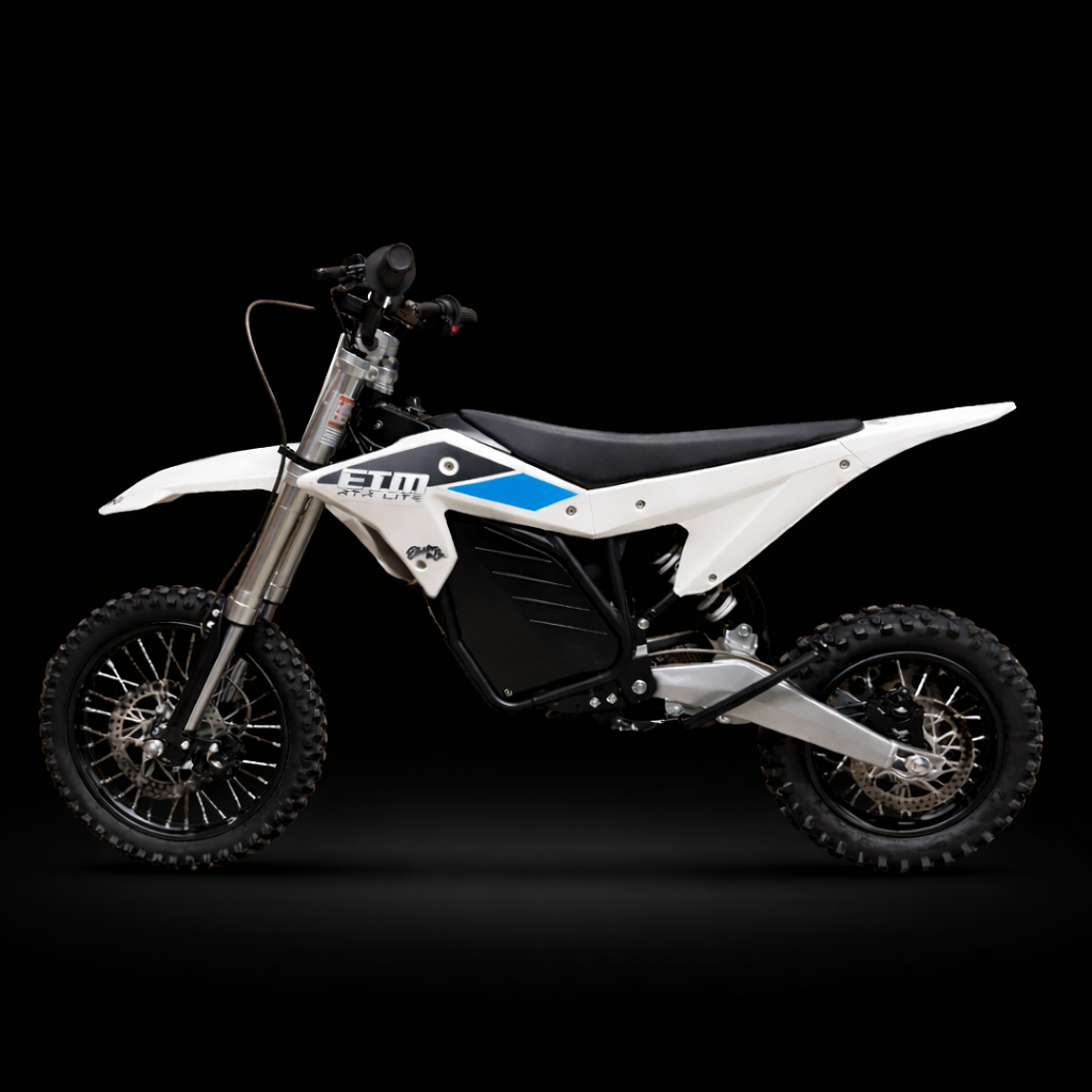 White dirt bike with blue accents on a black background