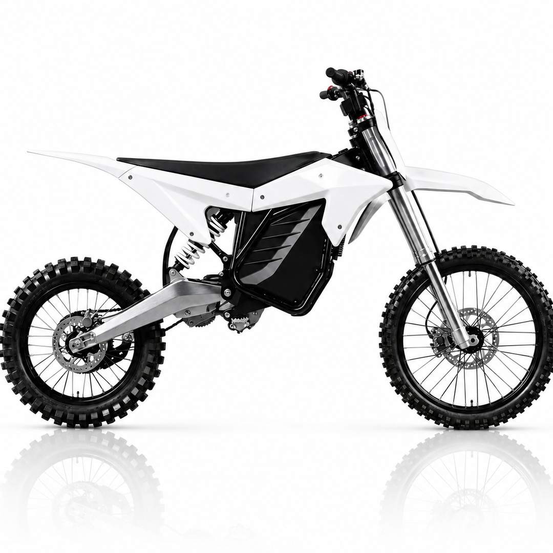 A white and black electric dirt bike with knobby tires, shown from a side profile on a clean white background with a subtle reflection.