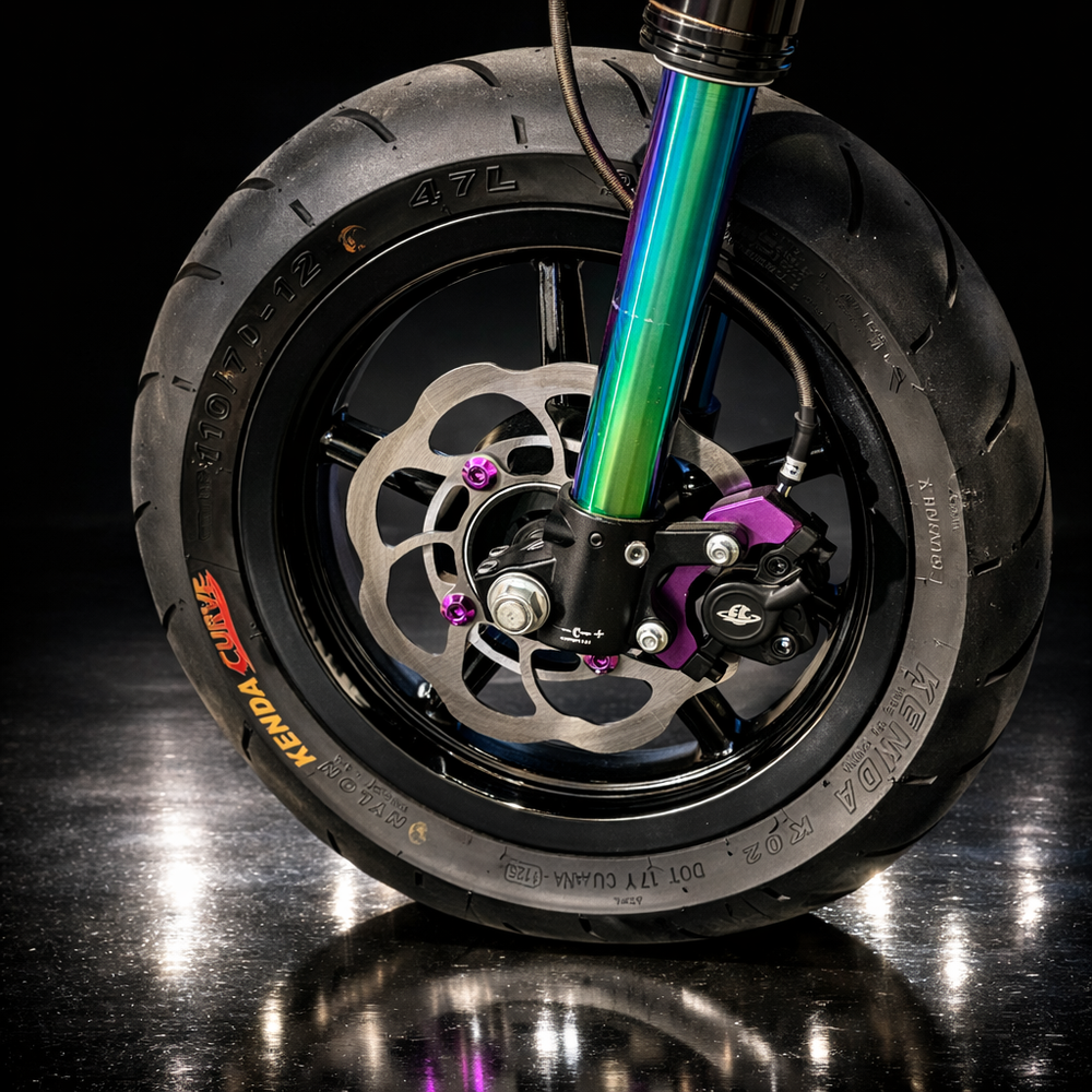 Purple and black motorcycle wheel 