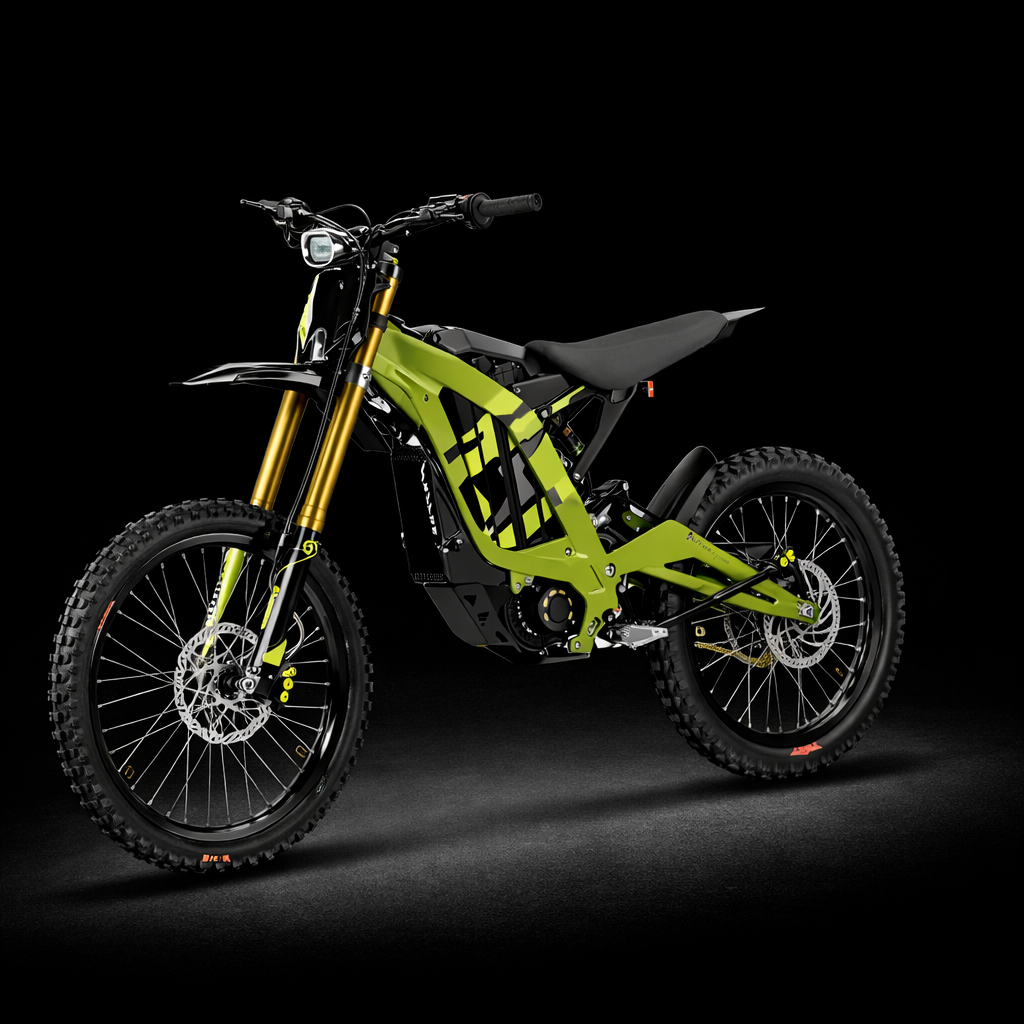 Green off-road motorcycle on a black background