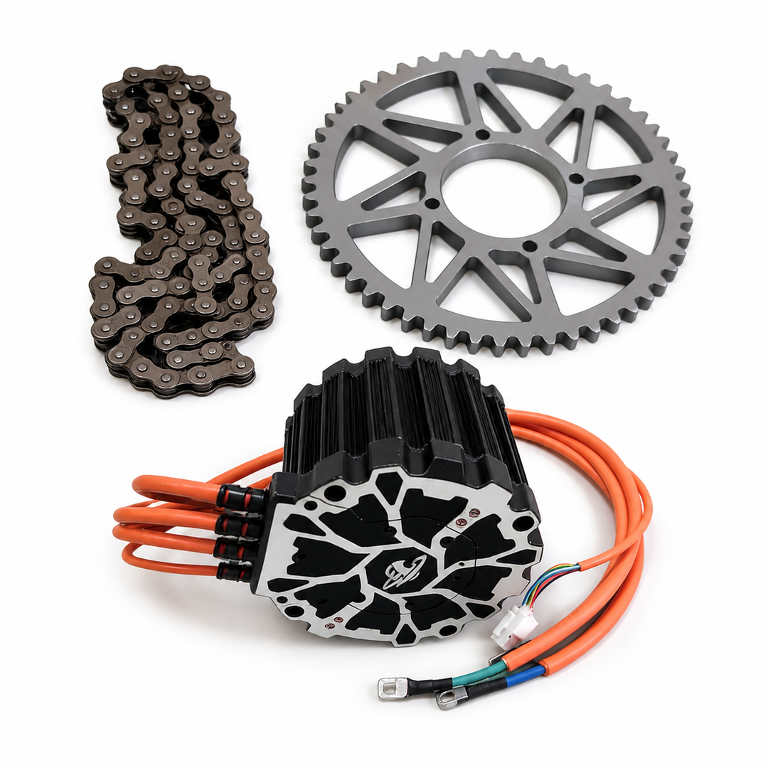 A 4WD electric truck motor kit with a black and silver motor, orange cables, a dark metal chain, and a large gray sprocket wheel, displayed on a clean white background.