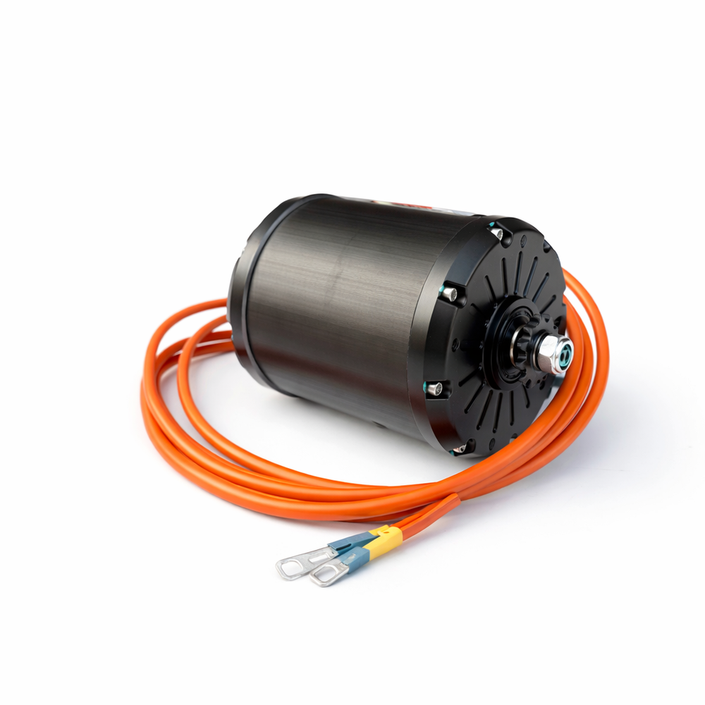 Motor with orange cables on a white background