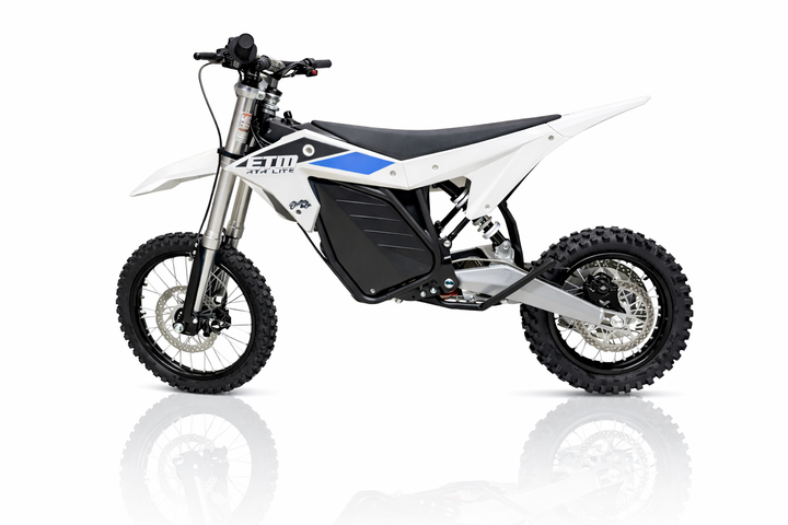 White electric bike with black seat on a white background