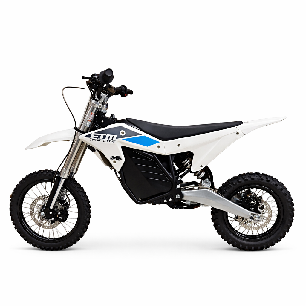 White dirt bike with black seat and blue accents on a white background