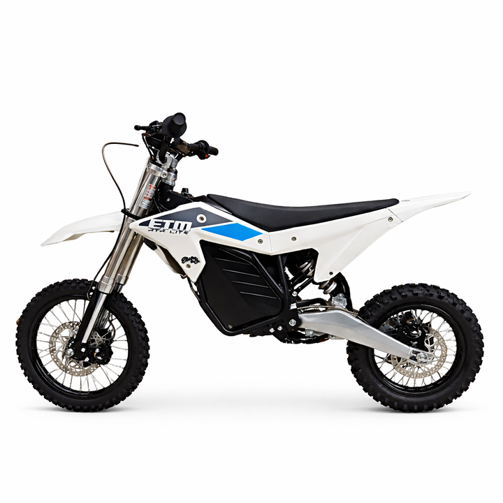 White dirt bike with black seat and blue accents on a white background