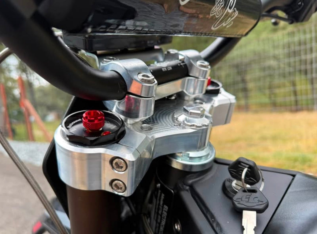 Close-up of a motorcycle's handlebar control mechanism with a blurred background