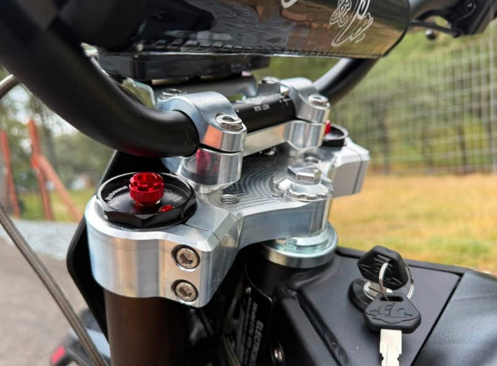 Close-up of a motorcycle's handlebar control mechanism with a blurred background