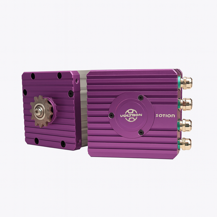 Purple electronic module with gold connectors on a white background