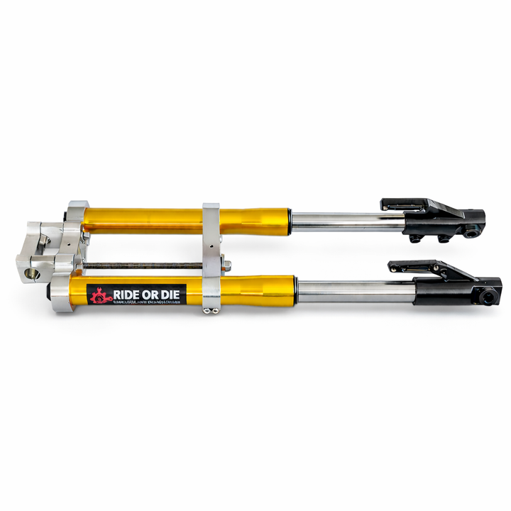 Yellow and silver suspension forks with 'Ride or Die' branding on a white background