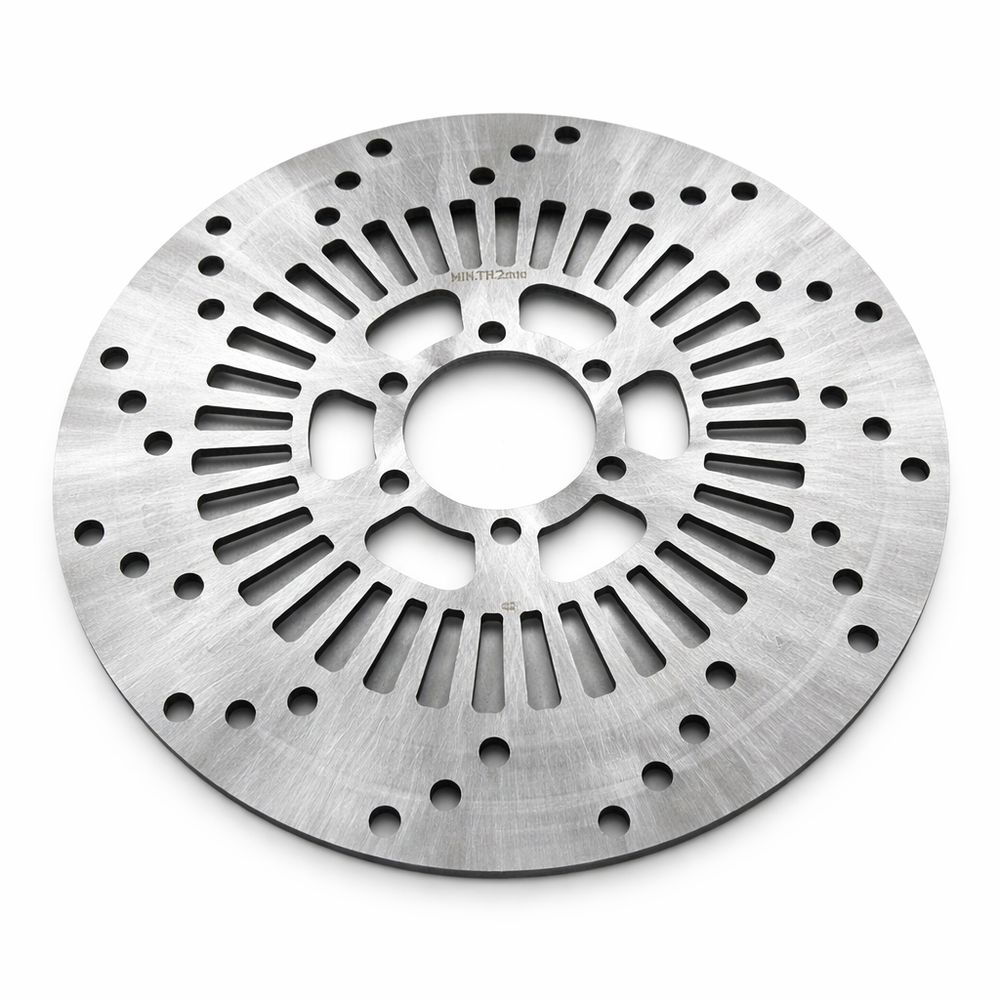Metallic disc with a central hole and slotted design on a white background