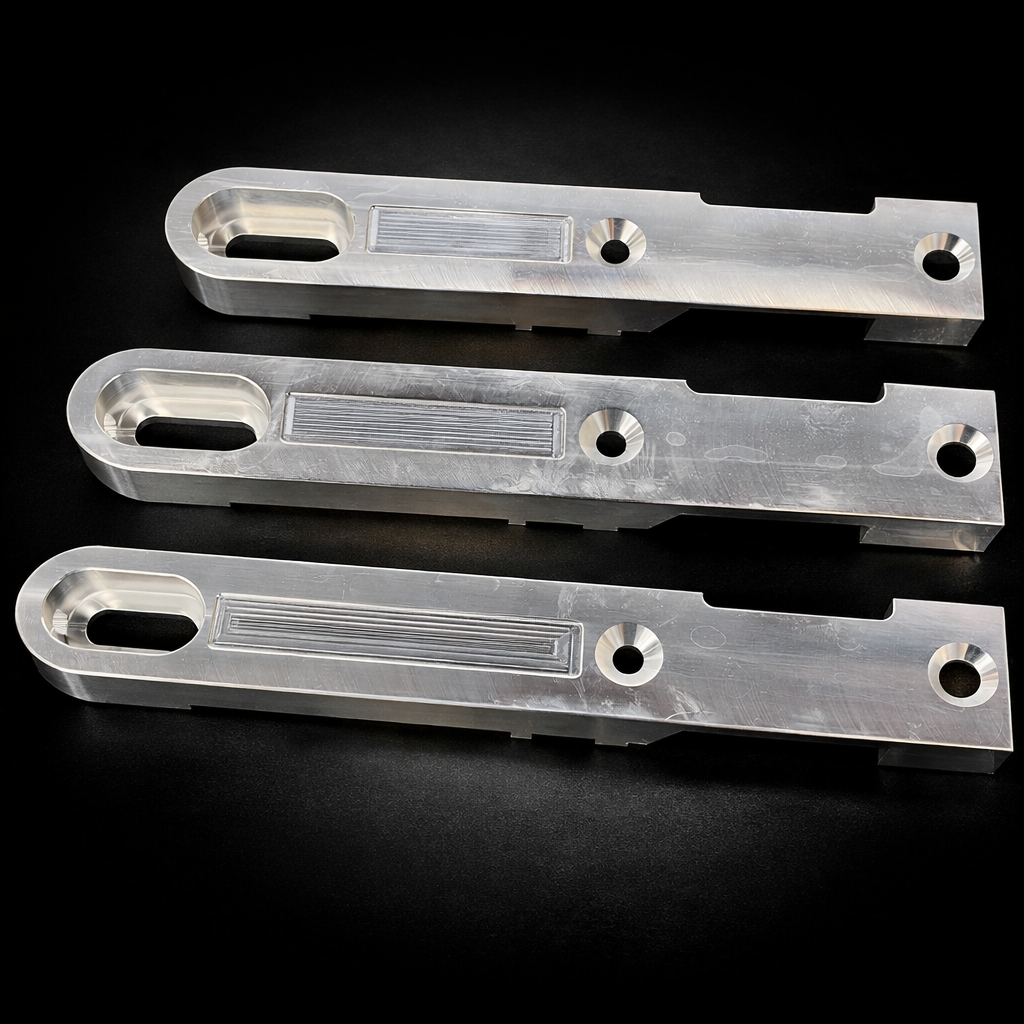 Three metallic brackets on a black background