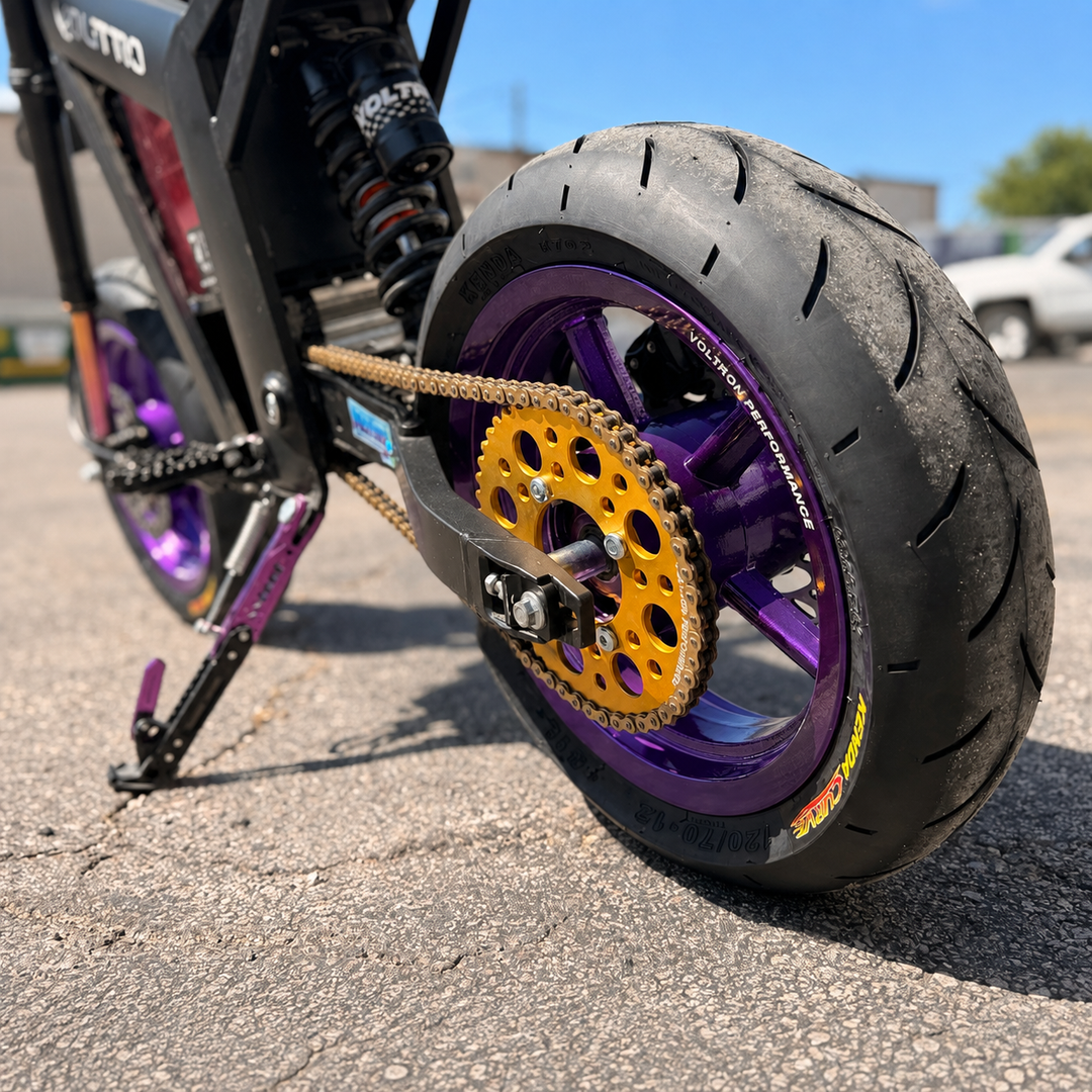 Electric pit bike purple super moto wheels with gold sprocket