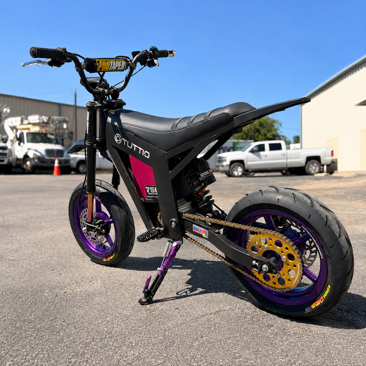 Electric pit bike purple super moto wheels tuttio with gold sprocket