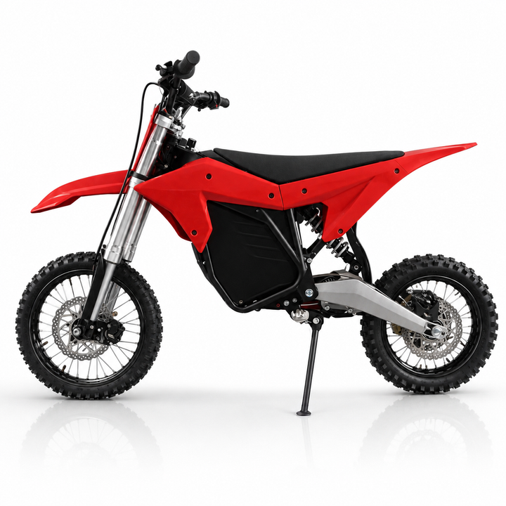 A red and black electric dirt bike with knobby tires, a black seat, and a kickstand, shown from a side profile on a white background.