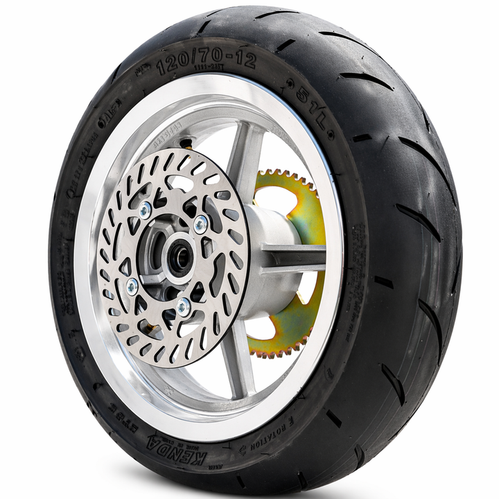 Motorcycle wheel with black tire and silver rim on a white background