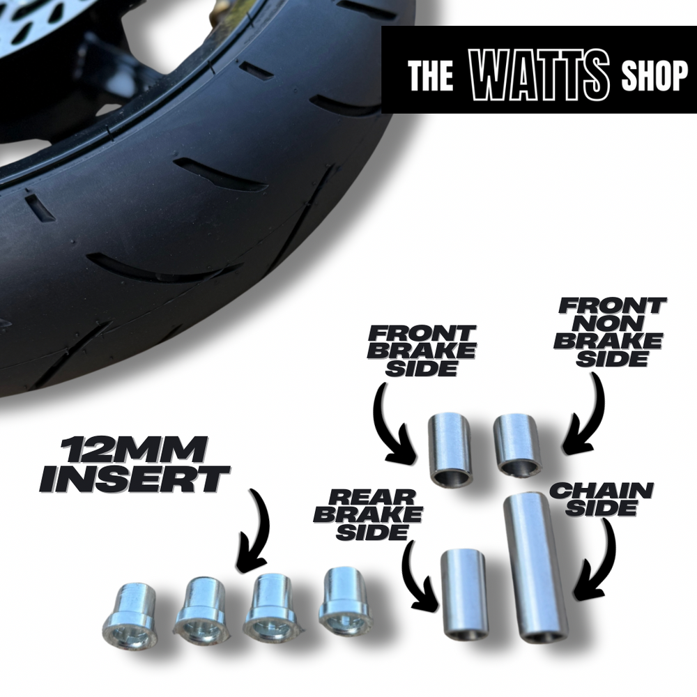 Motorcycle wheel with brake and chain side hardware labeled, featuring 'The Watts Shop' branding.
