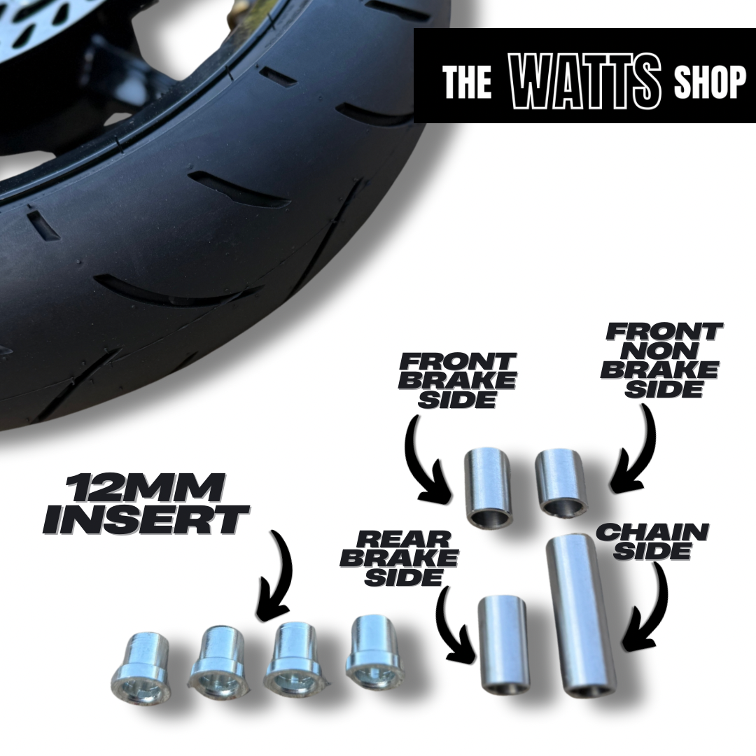 Motorcycle wheel with brake and chain side hardware labeled, featuring 'The Watts Shop' branding.