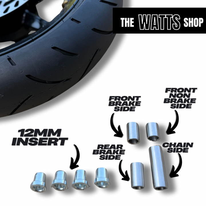 Motorcycle wheel with brake and chain side hardware labeled, featuring 'The Watts Shop' branding.