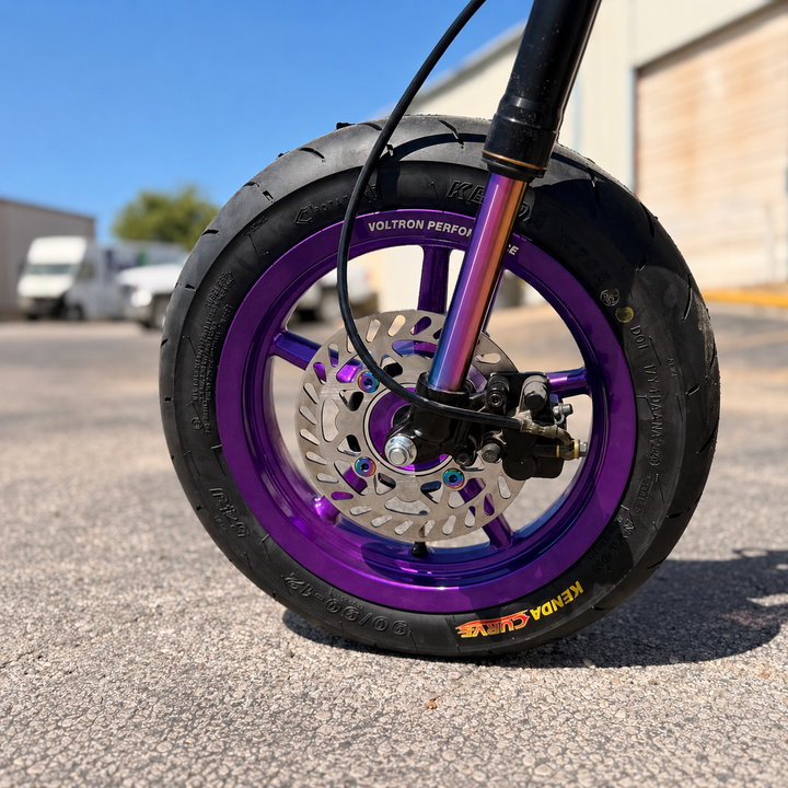 Electric pit bike purple super moto wheels with oil slick forks - tuttio