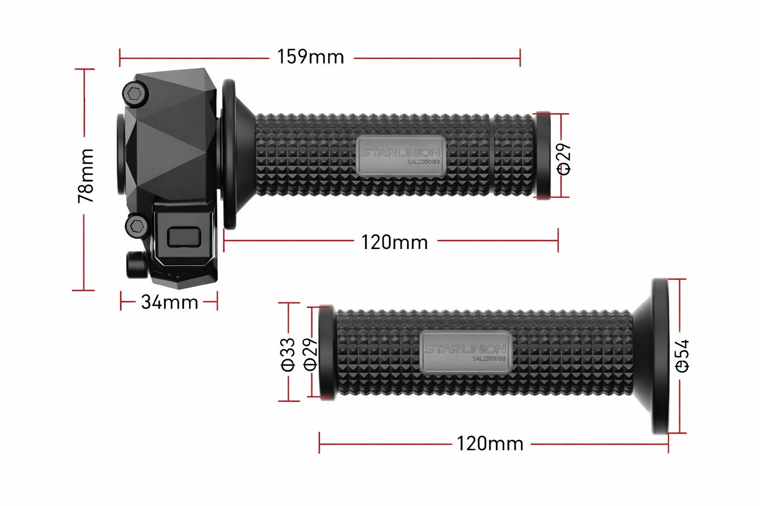 Black motorcycle grips with measurements on a white background